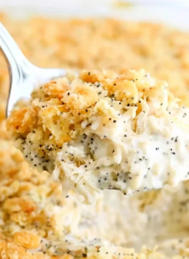Cozy poppy seed chicken casserole dish ready to serve.