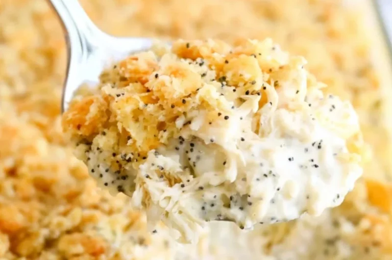 Cozy poppy seed chicken casserole dish ready to serve.