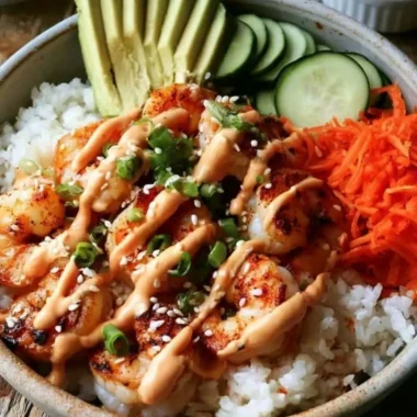 Cozy shrimp rice bowl with spicy mayo and fresh vegetables