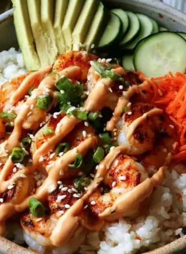 Cozy shrimp rice bowl with spicy mayo and fresh vegetables