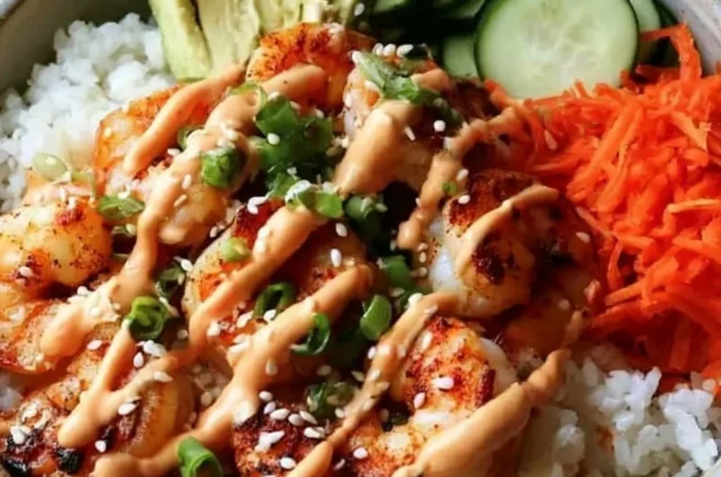Cozy shrimp rice bowl with spicy mayo and fresh vegetables