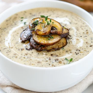 A bowl of creamy, cozy cream of mushroom soup garnished with herbs.