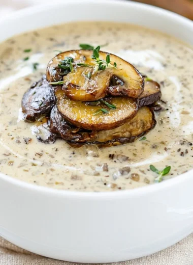 A bowl of creamy, cozy cream of mushroom soup garnished with herbs.
