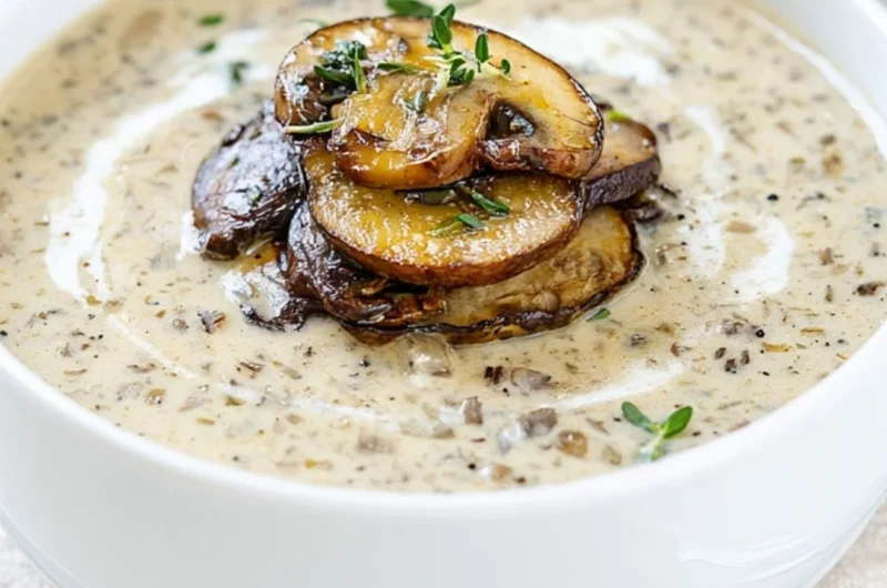 A bowl of creamy, cozy cream of mushroom soup garnished with herbs.