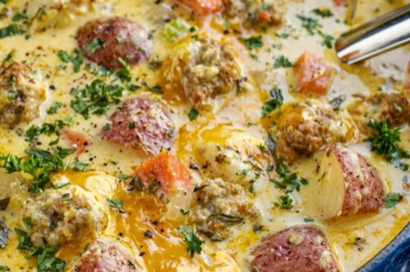 Creamy sausage potato soup served in a bowl with fresh herbs