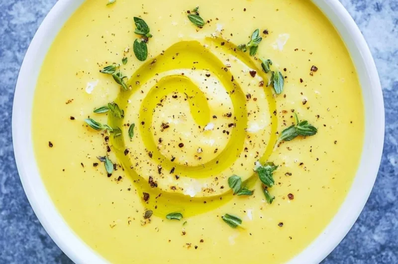 Creamy summer squash soup served in a bowl with fresh herbs on top