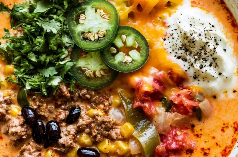 Creamy taco soup in a bowl topped with cheese and cilantro
