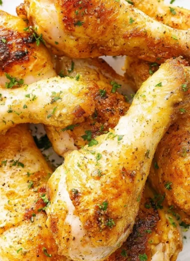 Crispy baked chicken legs drumsticks served on a plate