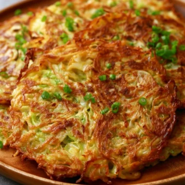 Crispy cabbage pancakes served on a plate, garnished with herbs