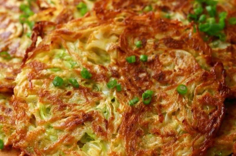 Crispy cabbage pancakes served on a plate, garnished with herbs