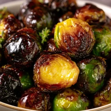 Plate of crispy honey balsamic Brussels sprouts garnished with herbs