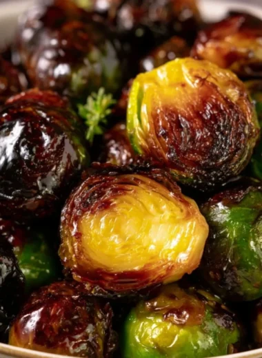 Plate of crispy honey balsamic Brussels sprouts garnished with herbs