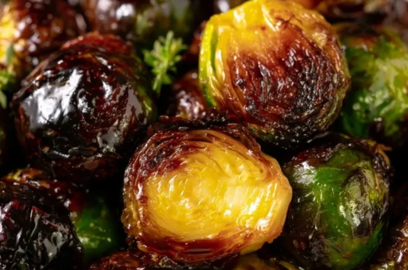 Plate of crispy honey balsamic Brussels sprouts garnished with herbs