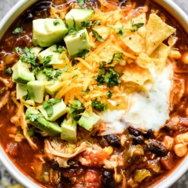 Bowl of delicious Crockpot chicken enchilada soup topped with cheese and cilantro
