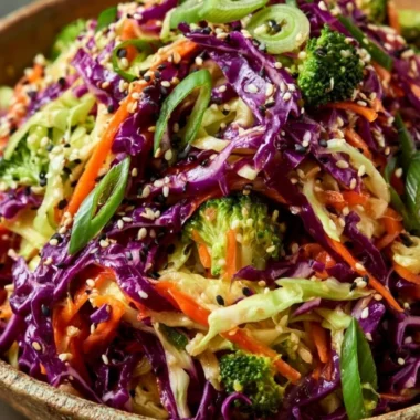 Bowl of Crunchy Asian Cabbage Salad with colorful veggies and dressing