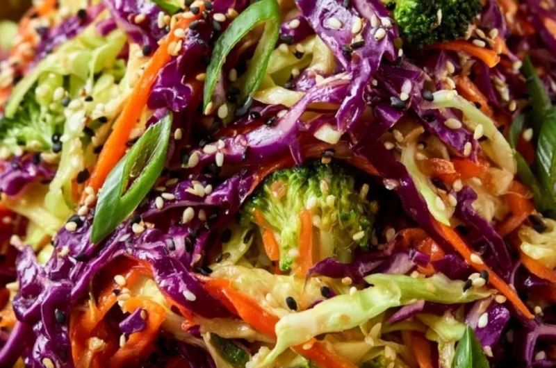 Bowl of Crunchy Asian Cabbage Salad with colorful veggies and dressing