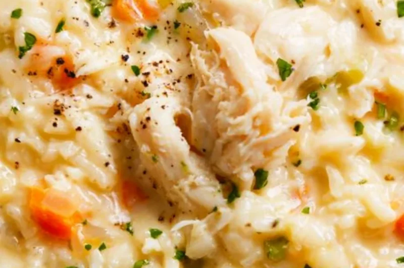 Bowl of creamy chicken rice soup topped with herbs and spices