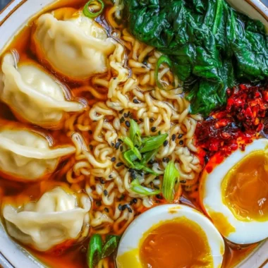Dumpling ramen bowl with flavorful broth and tender dumplings.
