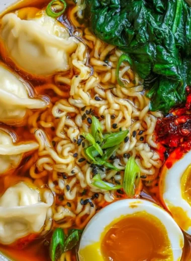 Dumpling ramen bowl with flavorful broth and tender dumplings.