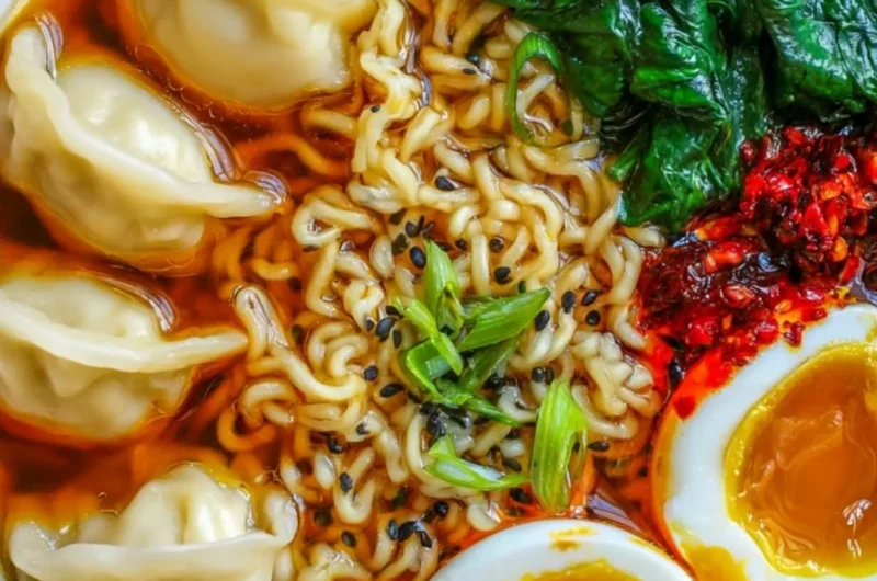 Dumpling ramen bowl with flavorful broth and tender dumplings.