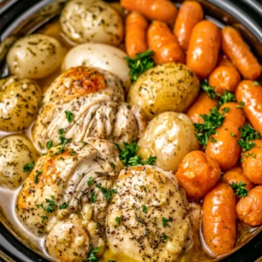 Crockpot Garlic Herb Chicken with vegetables in a cozy setting