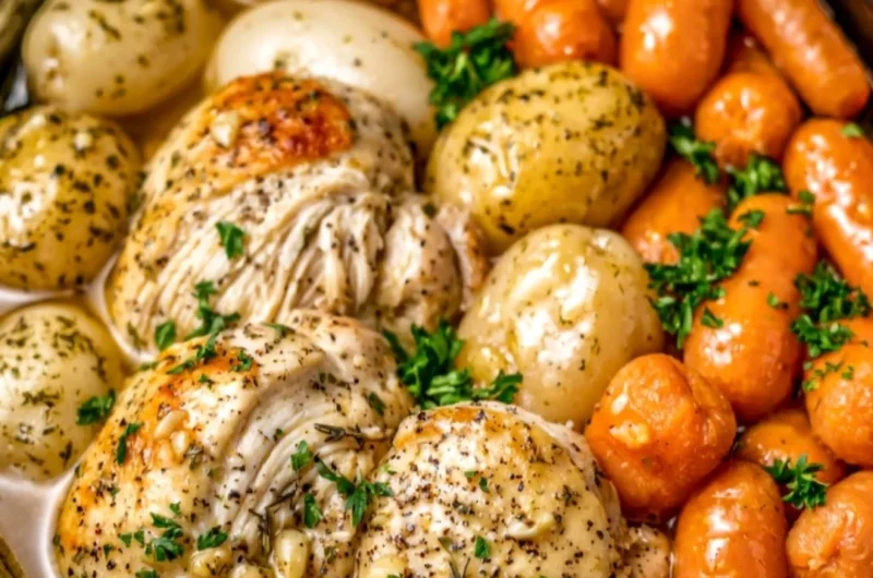 Crockpot Garlic Herb Chicken with vegetables in a cozy setting