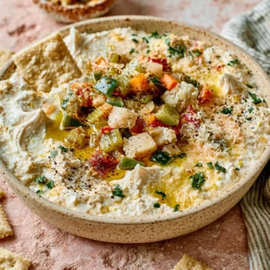 High protein cottage cheese giardiniera dip served in a bowl with vegetables