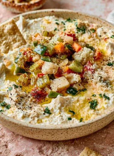 High protein cottage cheese giardiniera dip served in a bowl with vegetables