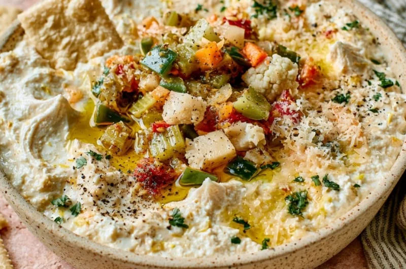 High protein cottage cheese giardiniera dip served in a bowl with vegetables