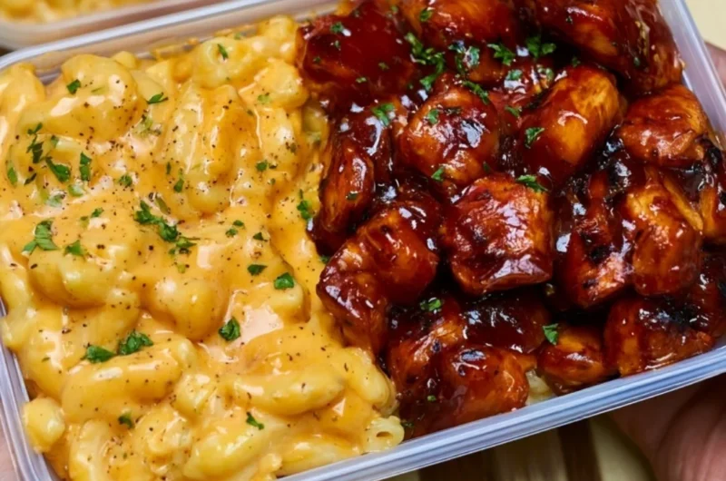 High protein honey BBQ chicken mac and cheese meal prep dish