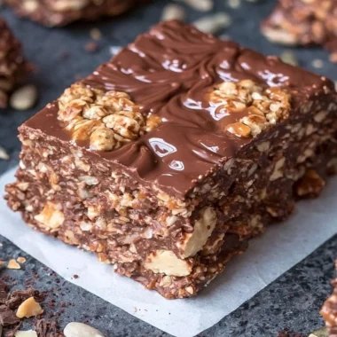 Homemade no bake keto chocolate crunch bars with crunchy texture and chocolate topping