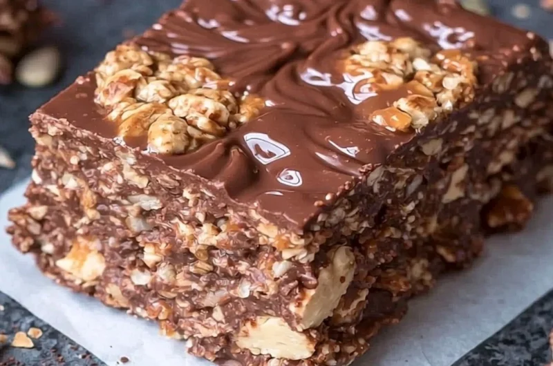 Homemade no bake keto chocolate crunch bars with crunchy texture and chocolate topping