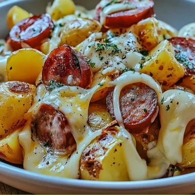 Cheesy ranch potatoes served with smoked sausage