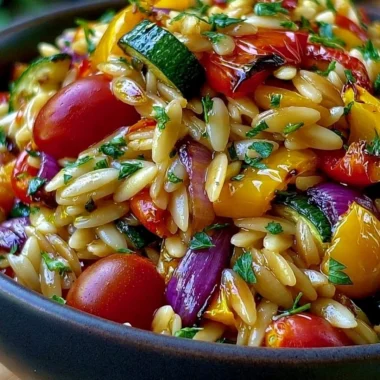 Bowl of delicious roasted vegetable orzo with vibrant veggies and herbs
