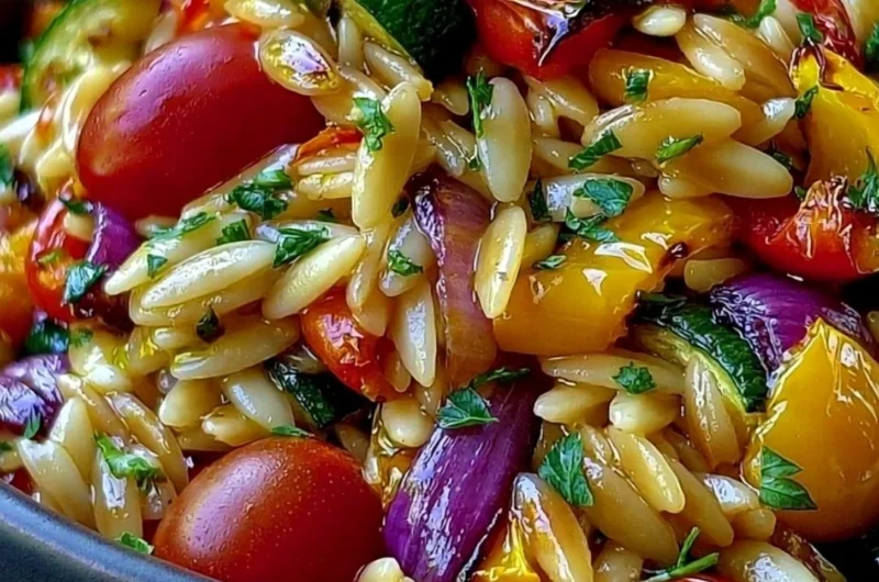 Bowl of delicious roasted vegetable orzo with vibrant veggies and herbs