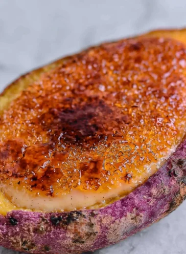 Delicious Japanese sweet potato crème brûlée with a caramelized sugar top.