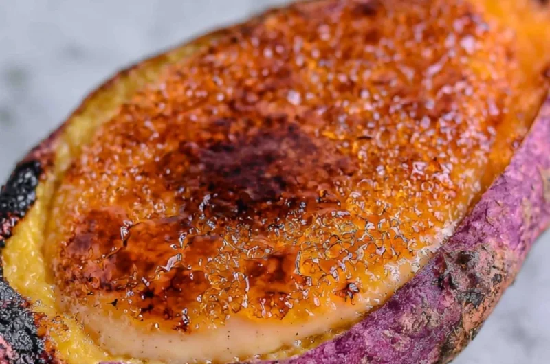 Delicious Japanese sweet potato crème brûlée with a caramelized sugar top.