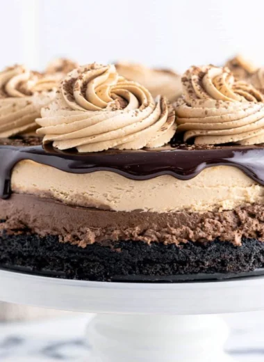 Delicious slice of mocha cheesecake topped with chocolate and coffee drizzle