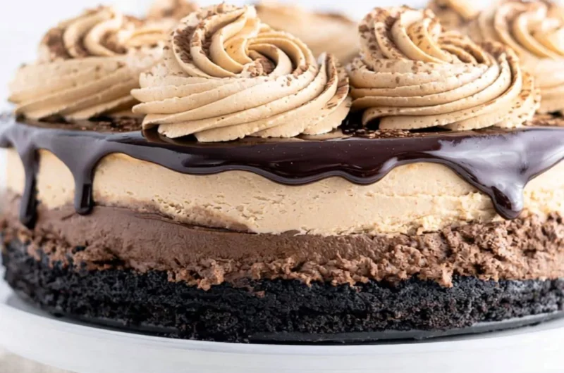 Delicious slice of mocha cheesecake topped with chocolate and coffee drizzle