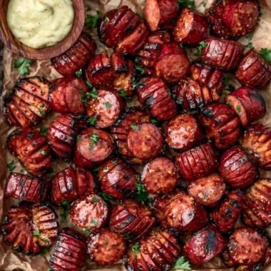Mustard Hasselback Kielbasa Bites on a platter