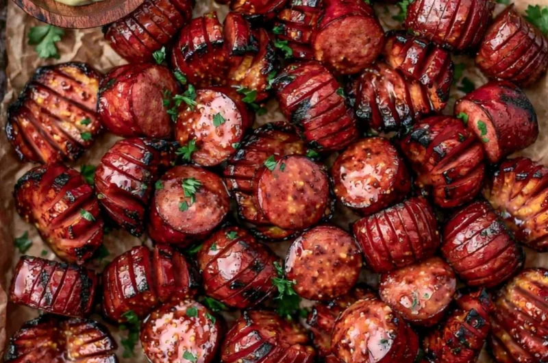 Mustard Hasselback Kielbasa Bites on a platter