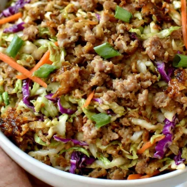 Old fashioned egg roll in a bowl recipe with fresh vegetables and savory pork