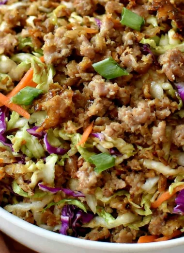 Old fashioned egg roll in a bowl recipe with fresh vegetables and savory pork