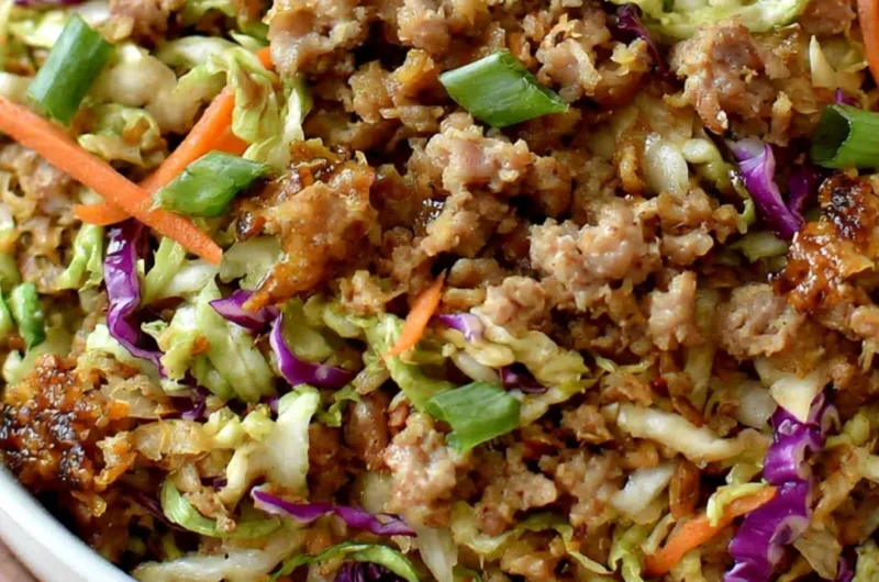 Old fashioned egg roll in a bowl recipe with fresh vegetables and savory pork