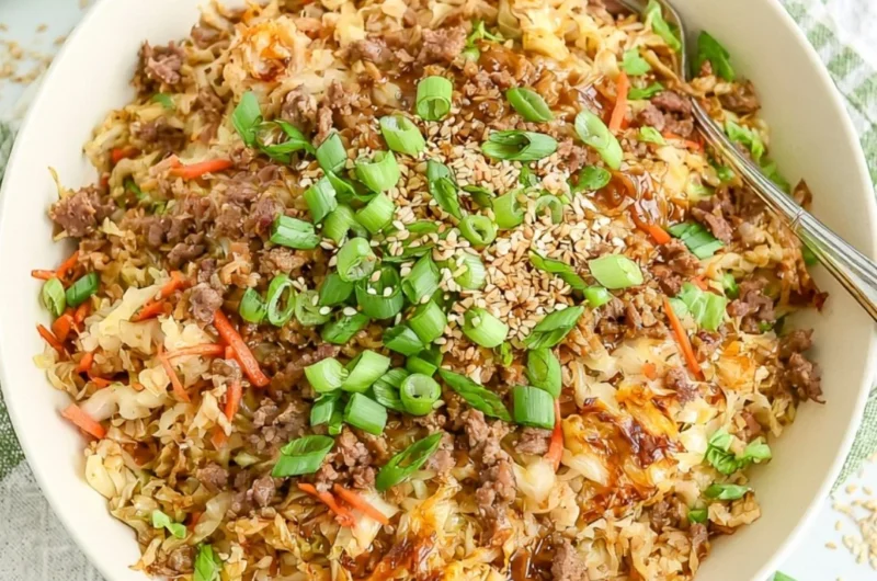 Delicious egg roll in a bowl recipe with fresh ingredients and vibrant colors.