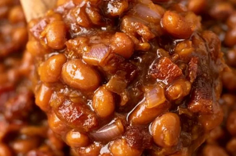 Delicious ultimate baked beans in a rustic bowl next to ingredients