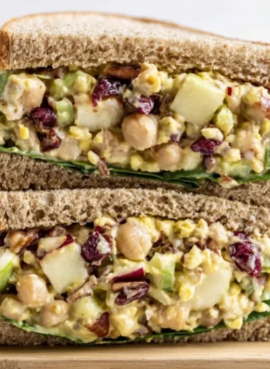 Vegan cranberry apple chickpea salad sandwich on a plate