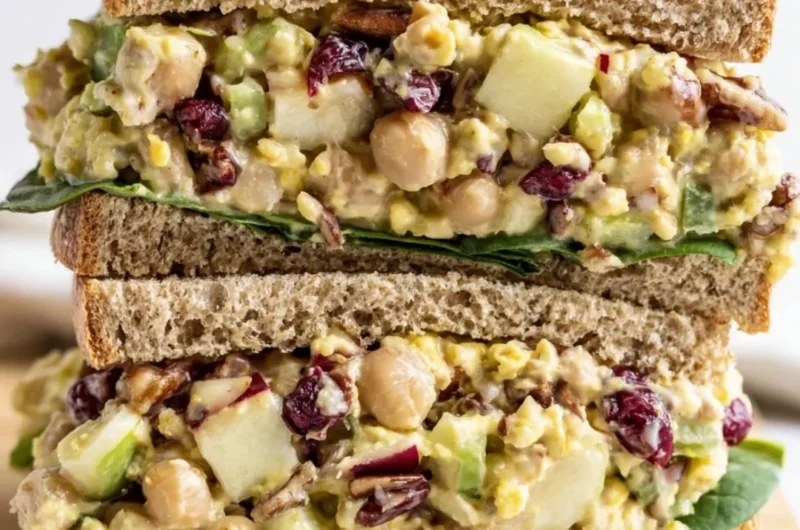 Vegan cranberry apple chickpea salad sandwich on a plate