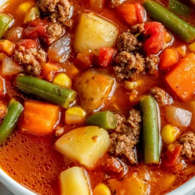 A bowl of hearty Vegetable Beef Soup with colorful vegetables and tender beef.