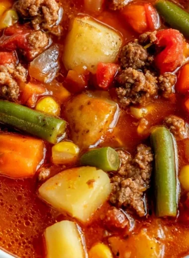 A bowl of hearty Vegetable Beef Soup with colorful vegetables and tender beef.